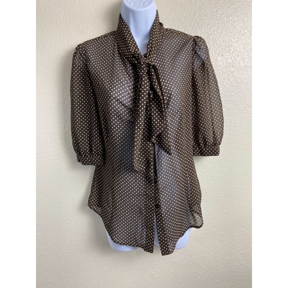 Mason Brown Polka Dot Sheer Blouse Tie Neck Top Size 8 Academia Preppy Boho